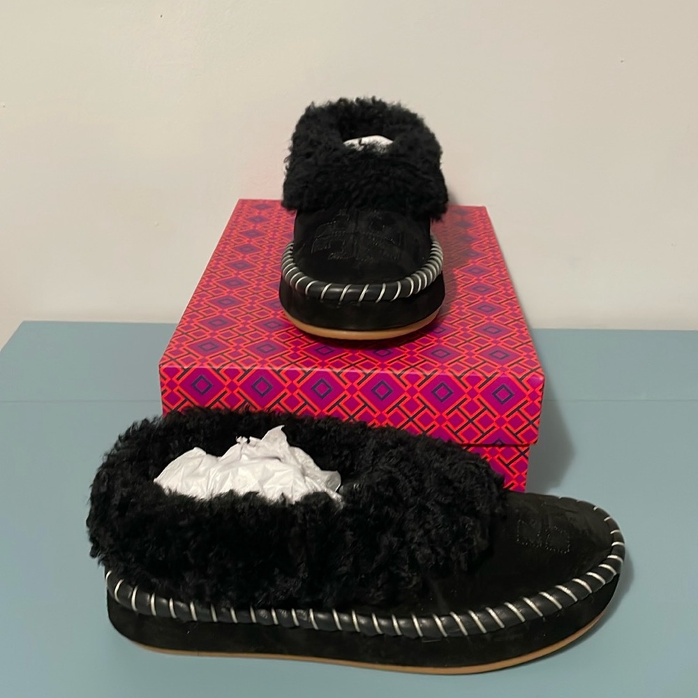 Tory Burch Shearling Slipper Curly Shearling Perfect Black Sz 8 1/2